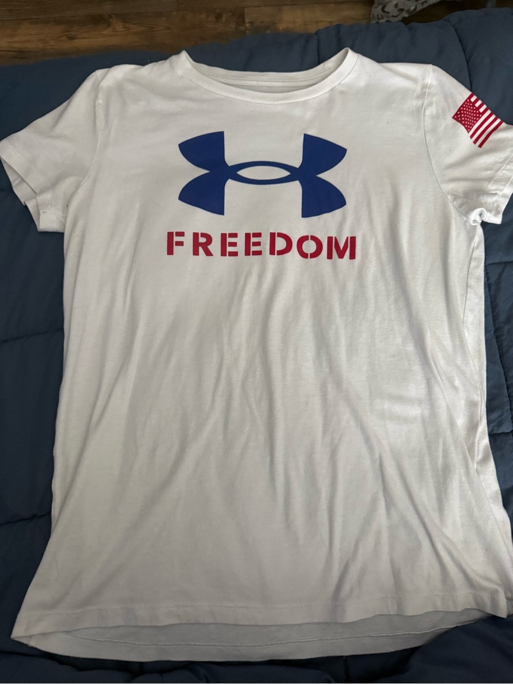 Under Armour White Tee with Blue Logo and Red Freedom Text